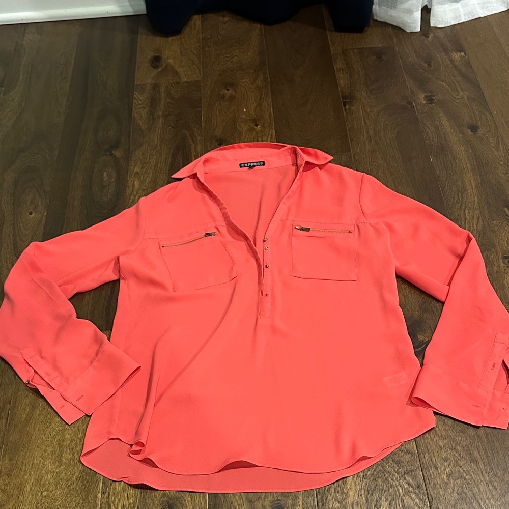 Express Coral Collared Long Sleeve Top Size Small